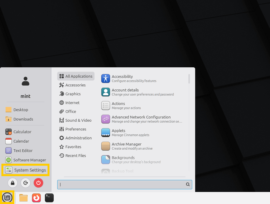 Linux Mint, auf dem das Menü-Symbol und die Option „Systemeinstellungen“ hervorgehoben sind.