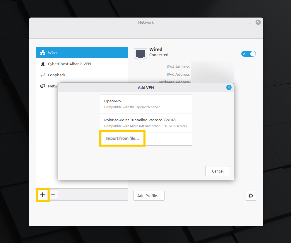 Linux-Netzwerkeinstellungen, bei denen die Optionen „+“ und „Aus Datei importieren“ hervorgehoben sind.
