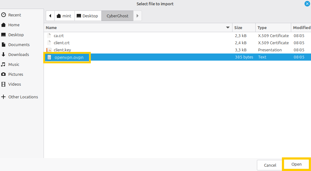 Der Dateimanager von Linux Mint, in dem die Datei „openvpn.ovpn“ hervorgehoben ist.