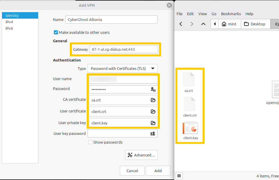 Das Fenster „VPN hinzufügen“ von Linux Mint, in dem die Konfigurationseinstellungen und die drei erforderlichen Konfigurationsdateien angezeigt werden.