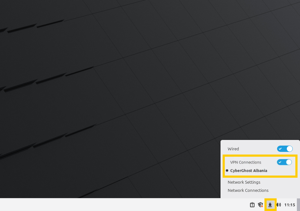 Linux Mint zeigt die „VPN-Verbindungen“ an, wobei die aktuelle VPN-Verbindung hervorgehoben ist.