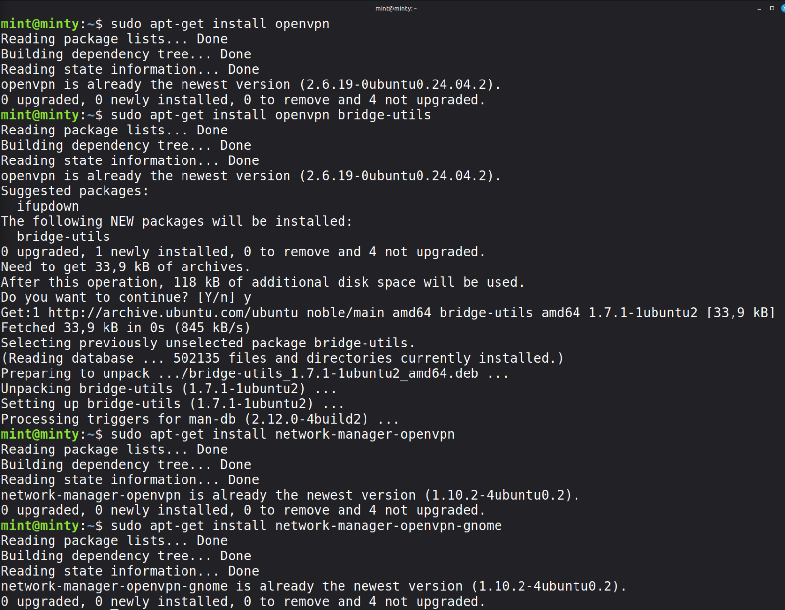 Linux-Terminal mit Befehlen zur Installation von OpenVPN