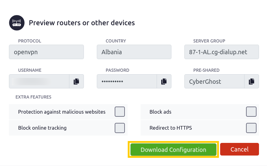 Gerätekonfiguration von CyberGhost, in der die Option „Konfiguration herunterladen“ hervorgehoben ist.