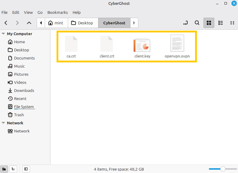 Linux-Dateimanager, in dem die vier OpenVPN-Konfigurationsdateien hervorgehoben sind.