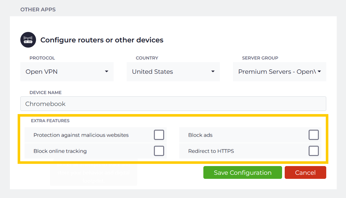 CyberGhost "Configure routers or other devices" setup form, with the protocol, country, and server group dropdown menus highlighted in a yellow box.