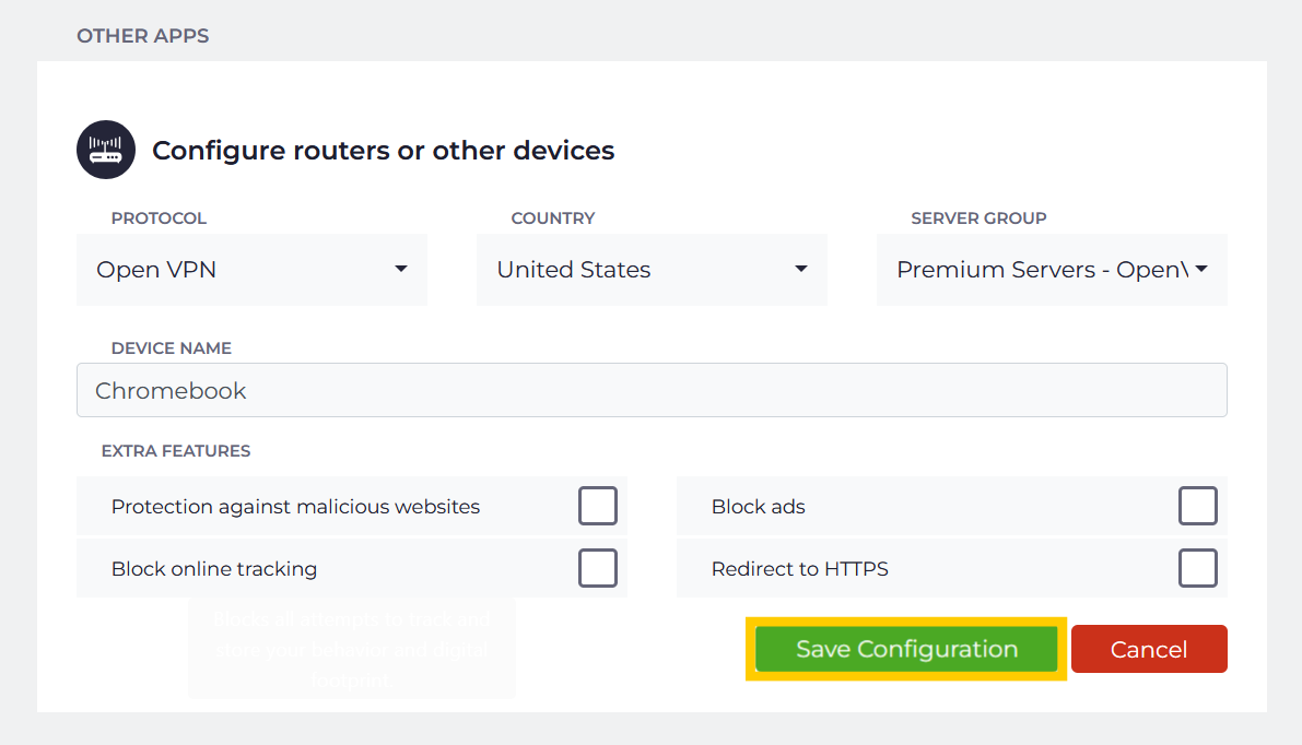CyberGhost "Configure routers or other devices" setup form, with the "Save Configuration" button highlighted in a yellow box.
