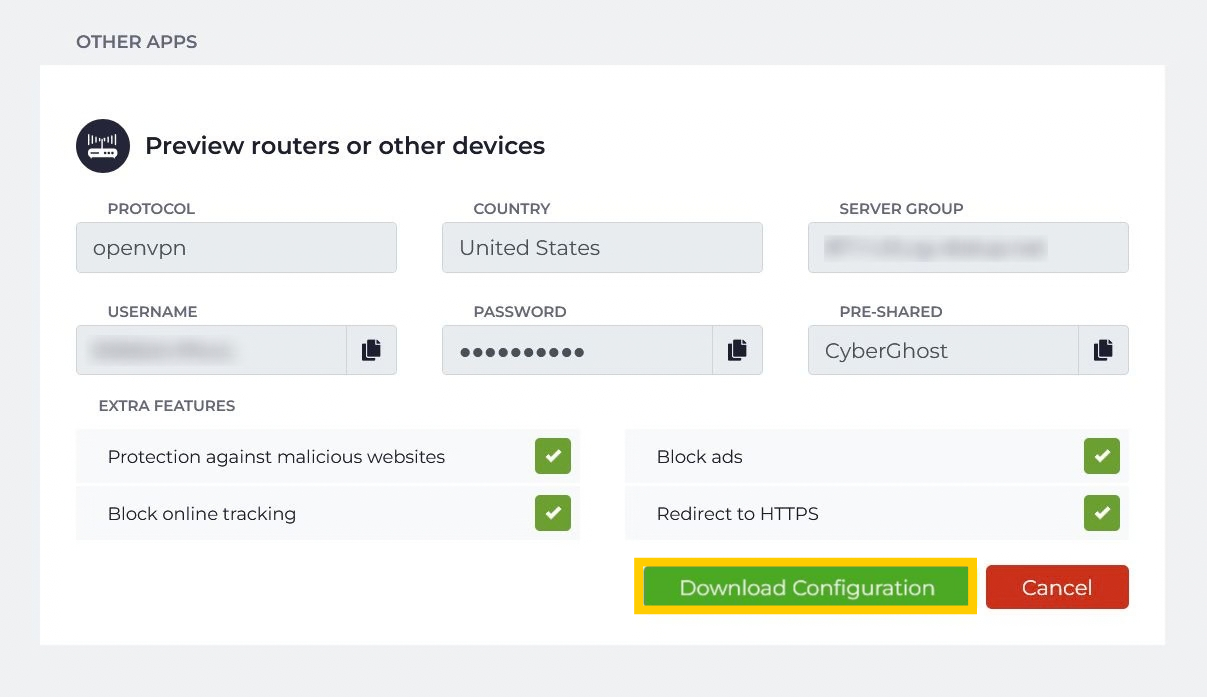 CyberGhost configuration preview screen for routers and other devices, with the "Download Configuration" button highlighted in a yellow box.