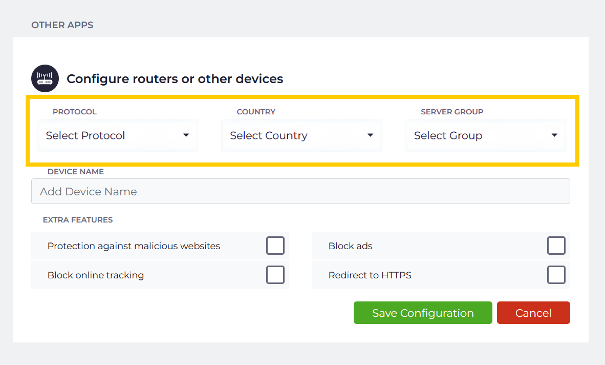CyberGhost "Configure routers or other devices" setup form, with the protocol, country, and server group dropdown menus highlighted in a yellow box.