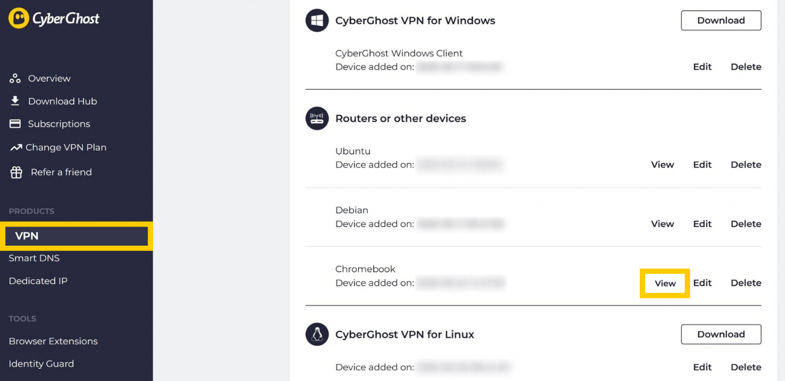 CyberGhost VPN device list under routers and other devices, with the "View" button for Chromebook highlighted in a yellow box.