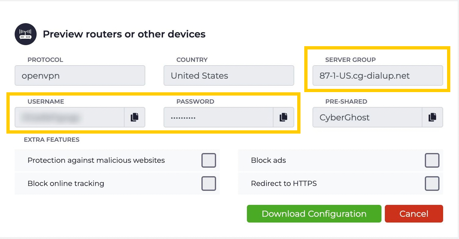 CyberGhost configuration preview screen for routers and other devices, with the generated username, password, and Server Group fields highlighted in a yellow box.
