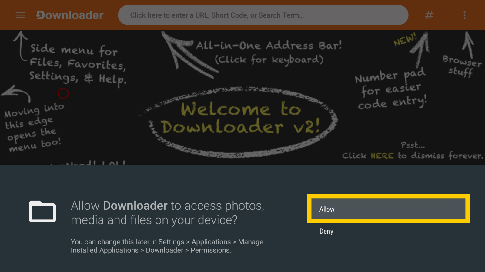 Downloader app welcome screen on Fire TV prompting for storage permissions, with the "Allow" permission button highlighted in a yellow box.