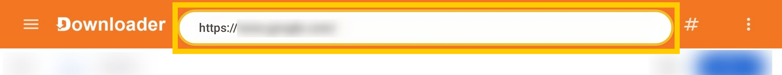  Downloader app URL entry interface, with the web address input text field highlighted in a yellow box.