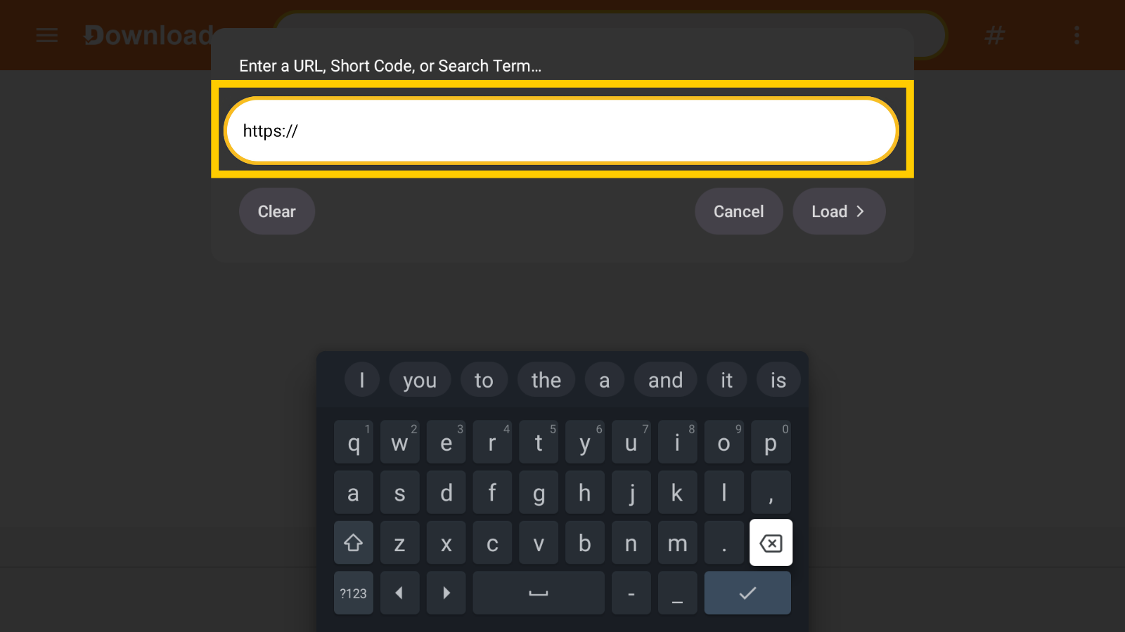 Downloader app URL input popup with an on-screen keyboard, with the URL text input field highlighted in a yellow box.