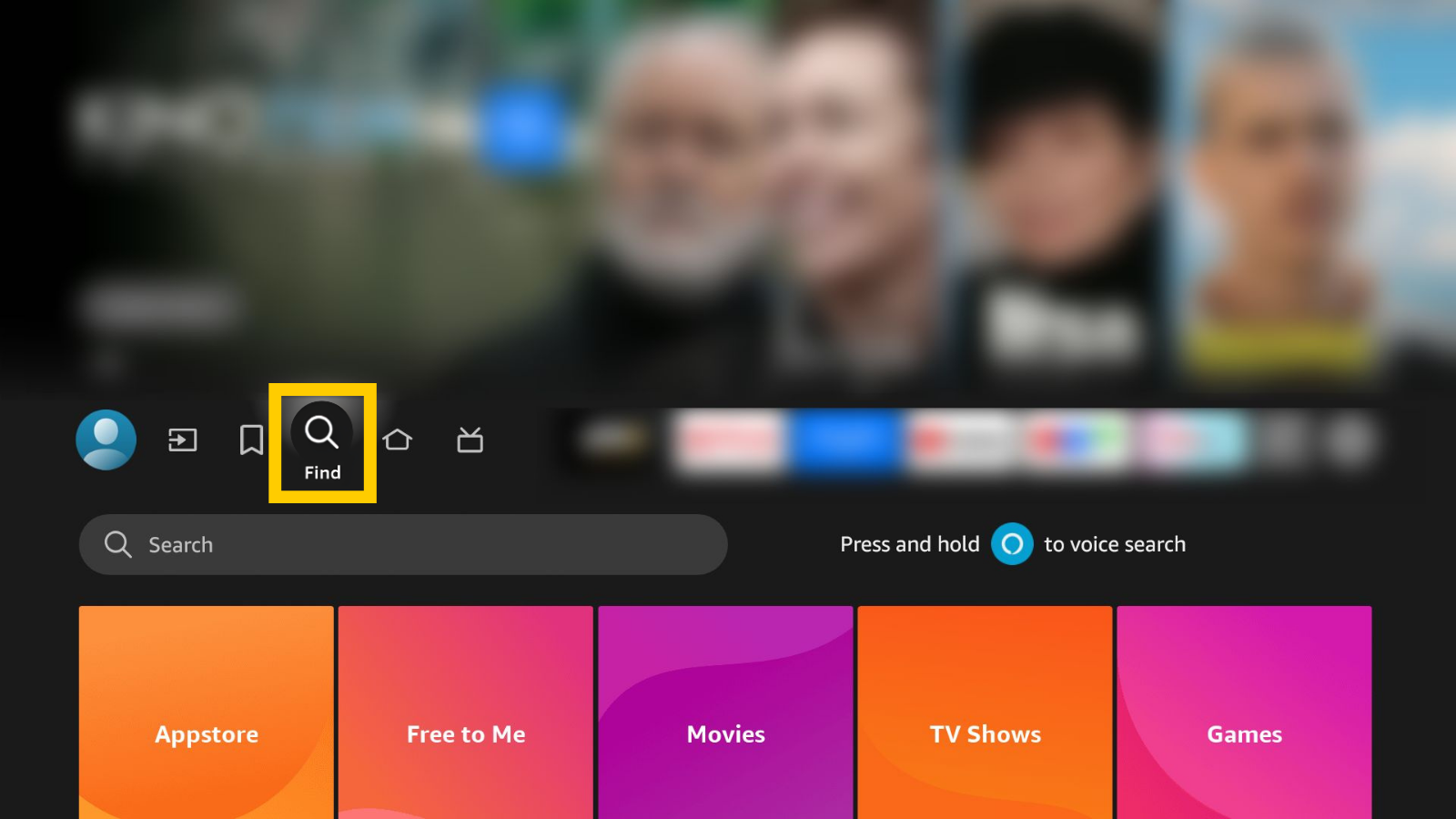 Amazon Fire TV home screen, with the Find magnifying glass highlighted in a yellow box.