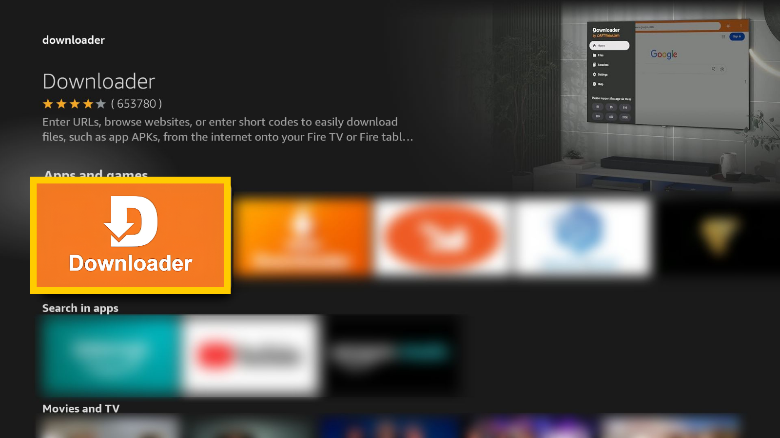 Amazon Fire TV Appstore details page for the Downloader app, with the Downloader app tile highlighted in a yellow box.