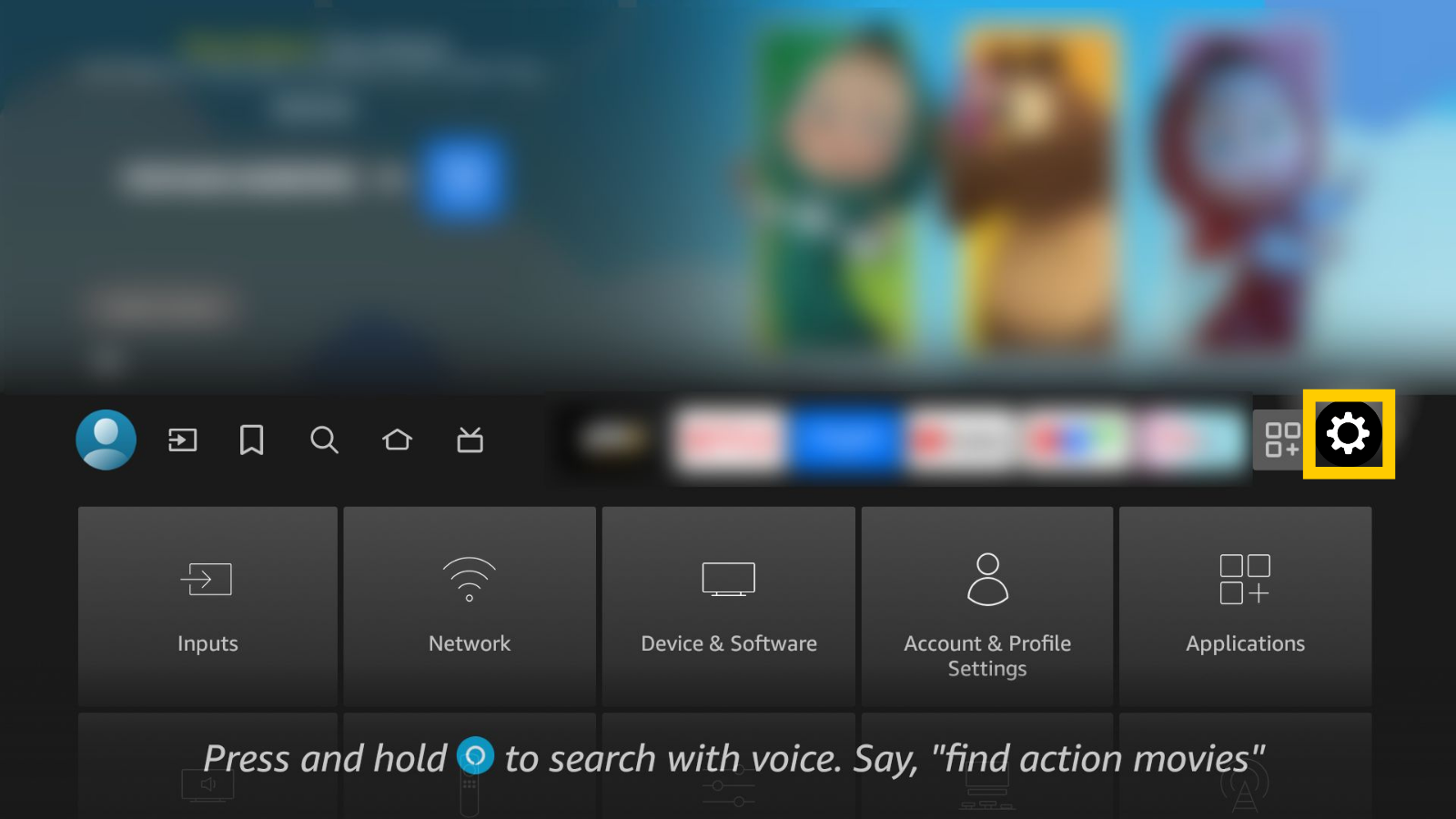 Amazon Fire TV settings menu, with the gear icon for Settings highlighted in a yellow box.
