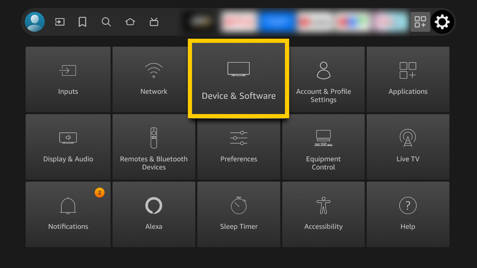 Amazon Fire TV Settings menu page, with the "Device & Software" option highlighted in a yellow box.