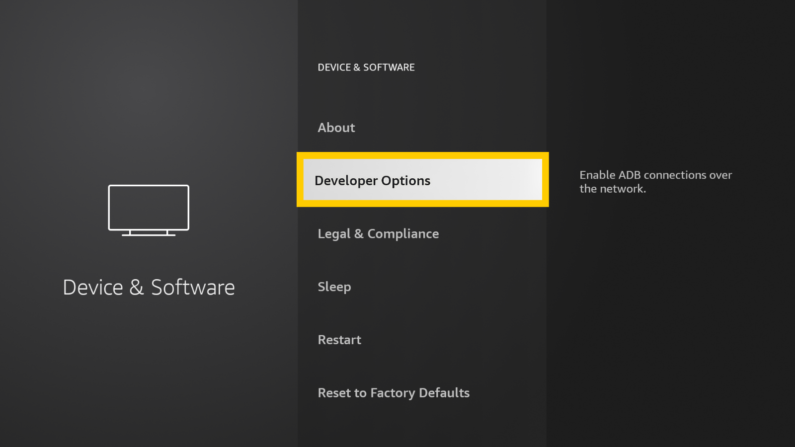 Amazon Fire TV "Device & Software" menu page, with the "Developer Options" item highlighted in a yellow box.