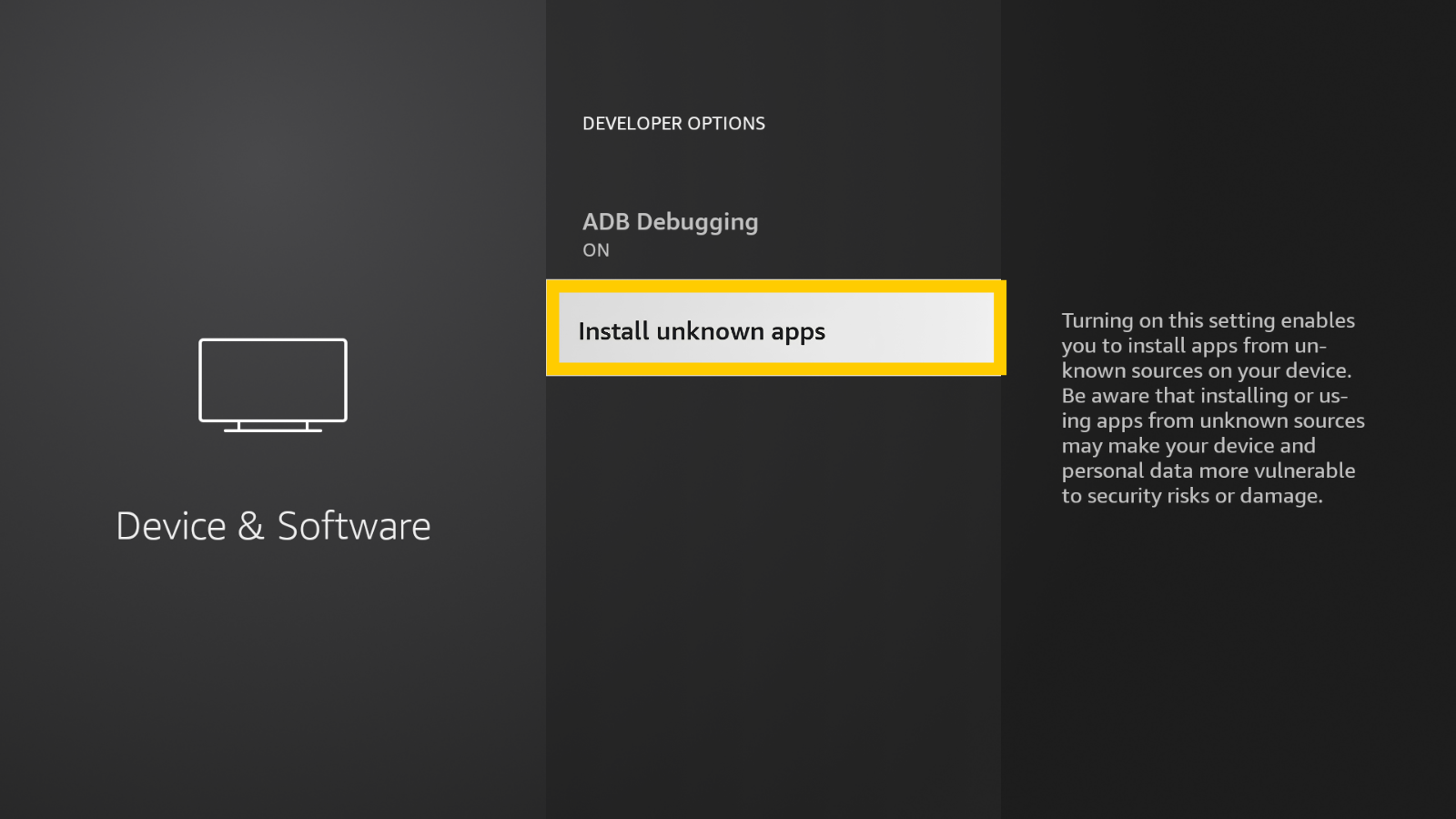 Amazon Fire TV Developer Options menu page, with the "Install unknown apps" setting highlighted in a yellow box.
