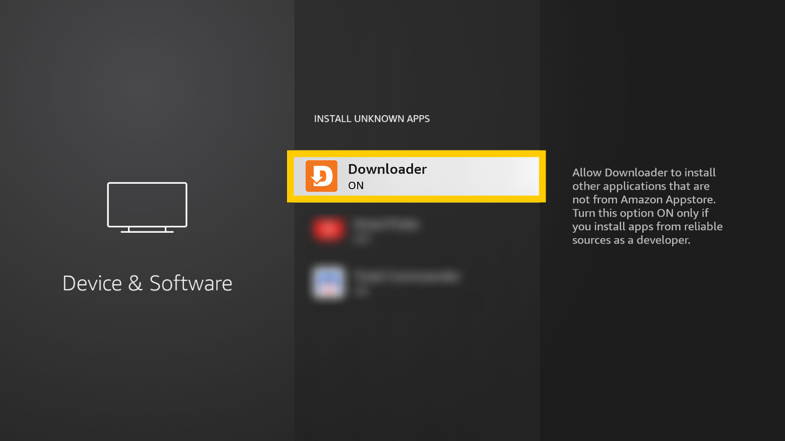 Amazon Fire TV "Install unknown apps" permission list, with the Downloader app toggle option highlighted in a yellow box.