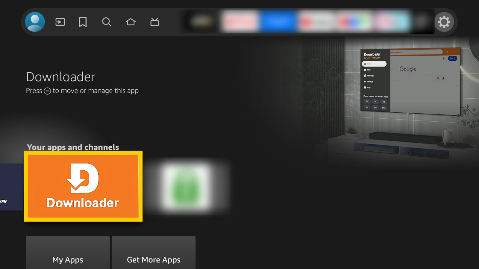 Amazon Fire TV apps home screen, with the installed Downloader app icon highlighted in a yellow box